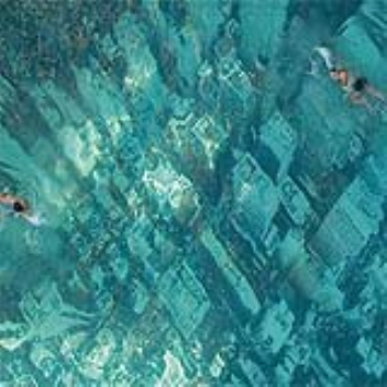 Swimming pool with city aerial view painted on the bottom