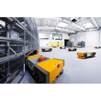 Fraunhofer's Multishuttle moves robots, in the distribution center mock-up