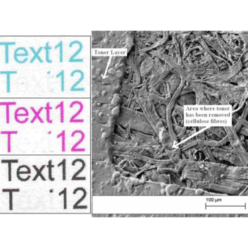 The letters e, x and t in multiple toner colours have been laser vaporised