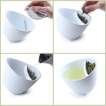 tea cup tips to the side and lets water run through the leaves