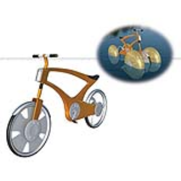 Bicycle has inflatable wheels which fit inside the existing wheels