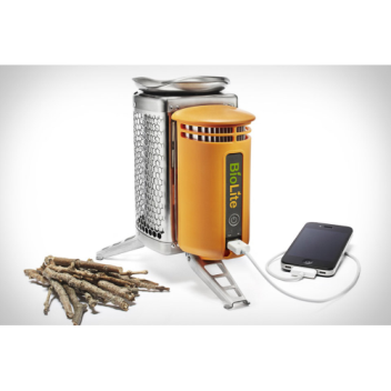 BioLite stoves, cooking on wood while generating electricity.