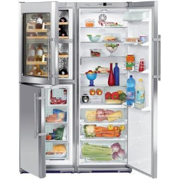 This space saving stainless steel unit combines a refrigerator, freezer, and wine cabinet