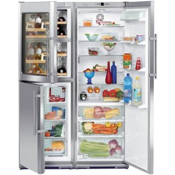 This space saving stainless steel unit combines a refrigerator, freezer, and wine cabinet