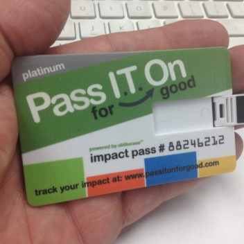 The Pass IT On For Good USB card erases an old computer's hard drive, and installs new educational software