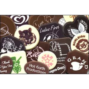 The logos are embossed onto chocolates using chocolate